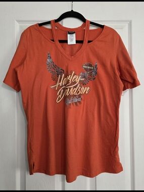 IndyWest Harley-Davidson Orange V-Neck Short Sleeve Tee with Winged Logo